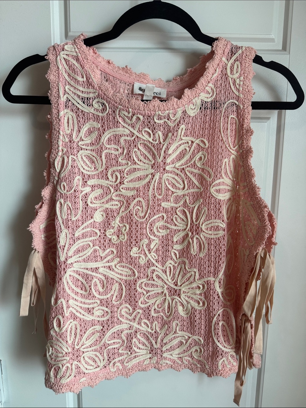 Pink Crochet Tank with Cream Lace Appliqué by Merci